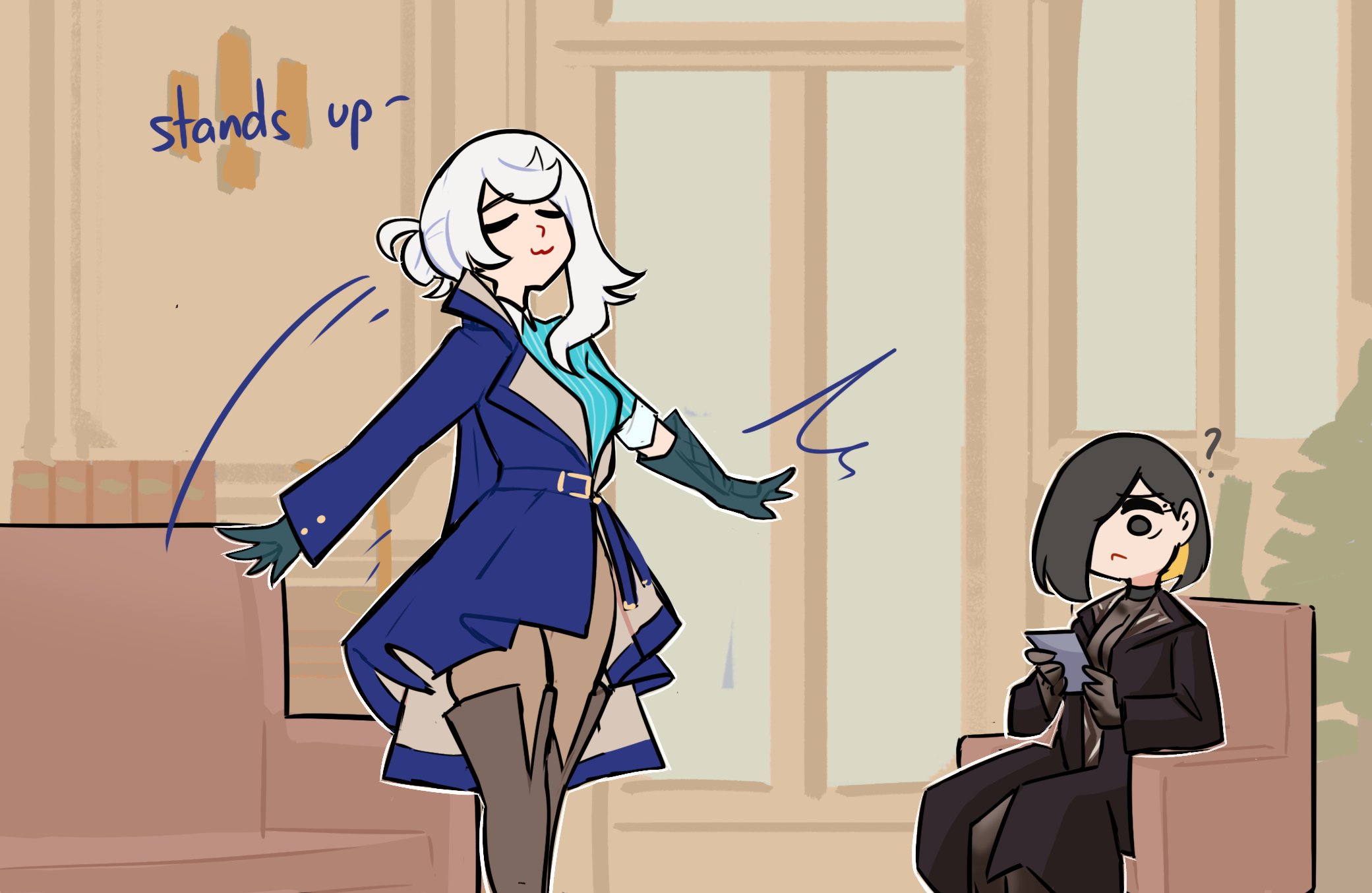 centurii-chan, kamura (rain prophet), rapier-chan (centurii-chan), original, commentary, english commentary, highres, ?, black coat, black eyes, black hair, blonde hair, blue coat, blue shirt, breasts, closed eyes, coat, colored inner hair, gloves, hair over one eye, holding, motion lines, multicolored hair, see-through cleavage, see-through clothes, shirt, sitting, white hair