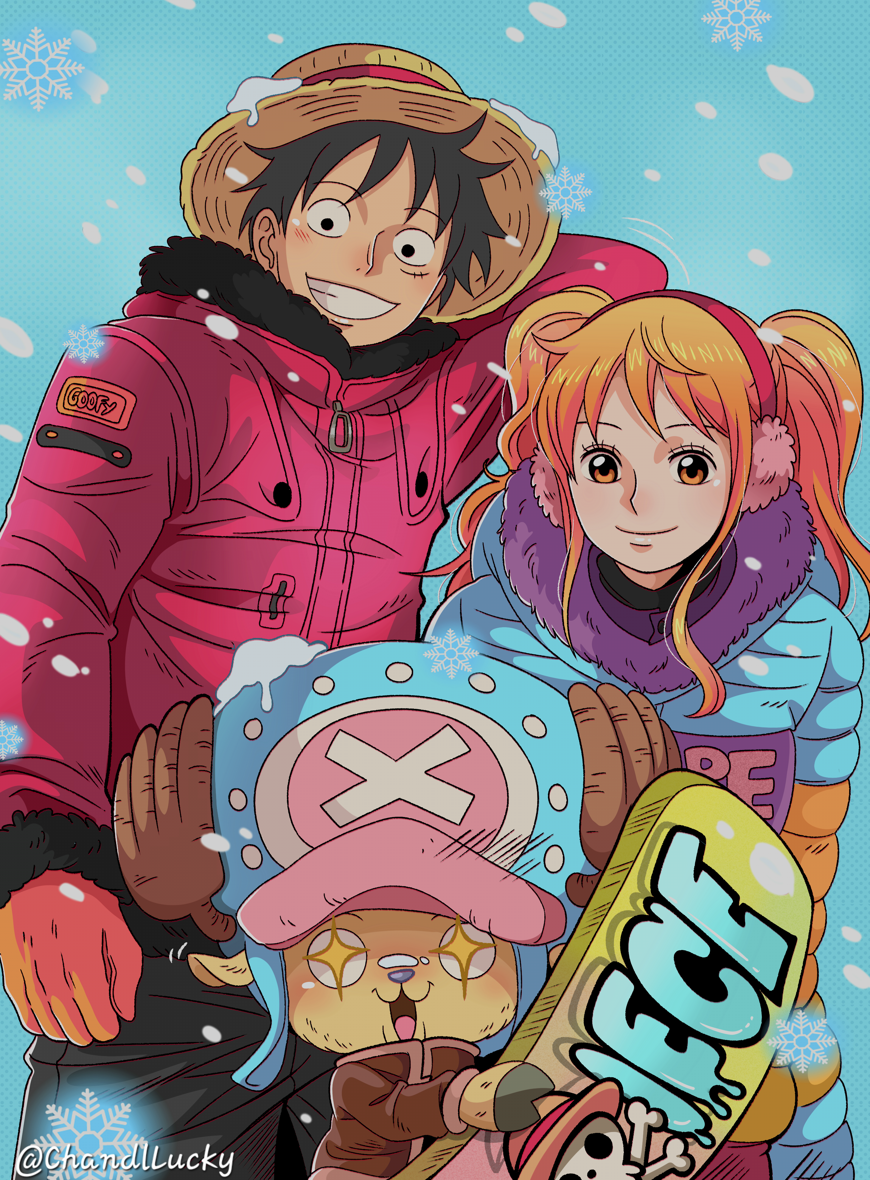 chandllucky, monkey d. luffy, nami (one piece), tony tony chopper, one piece, absurdres, commentary, highres, 1girl, 2boys, :3, antlers, arm behind head, black hair, blue coat, blue sky, brown coat, brown fur, closed mouth, coat, cowboy shot, earmuffs, facial scar, fur-trimmed coat, fur trim, gloves, grin, hat, height difference, holding, horns, horns through headwear, leaning forward, light blush, long sleeves, looking at viewer, multiple boys, open mouth, orange gloves, orange hair, outdoors, red coat, reindeer antlers, reindeer boy, scar, scar on cheek, scar on face, single sidelock, sky, smile, snowboard, snowflakes, snowing, sparkling eyes, straw hat, twintails, twitter username, upper body, wavy hair, winter clothes, winter coat