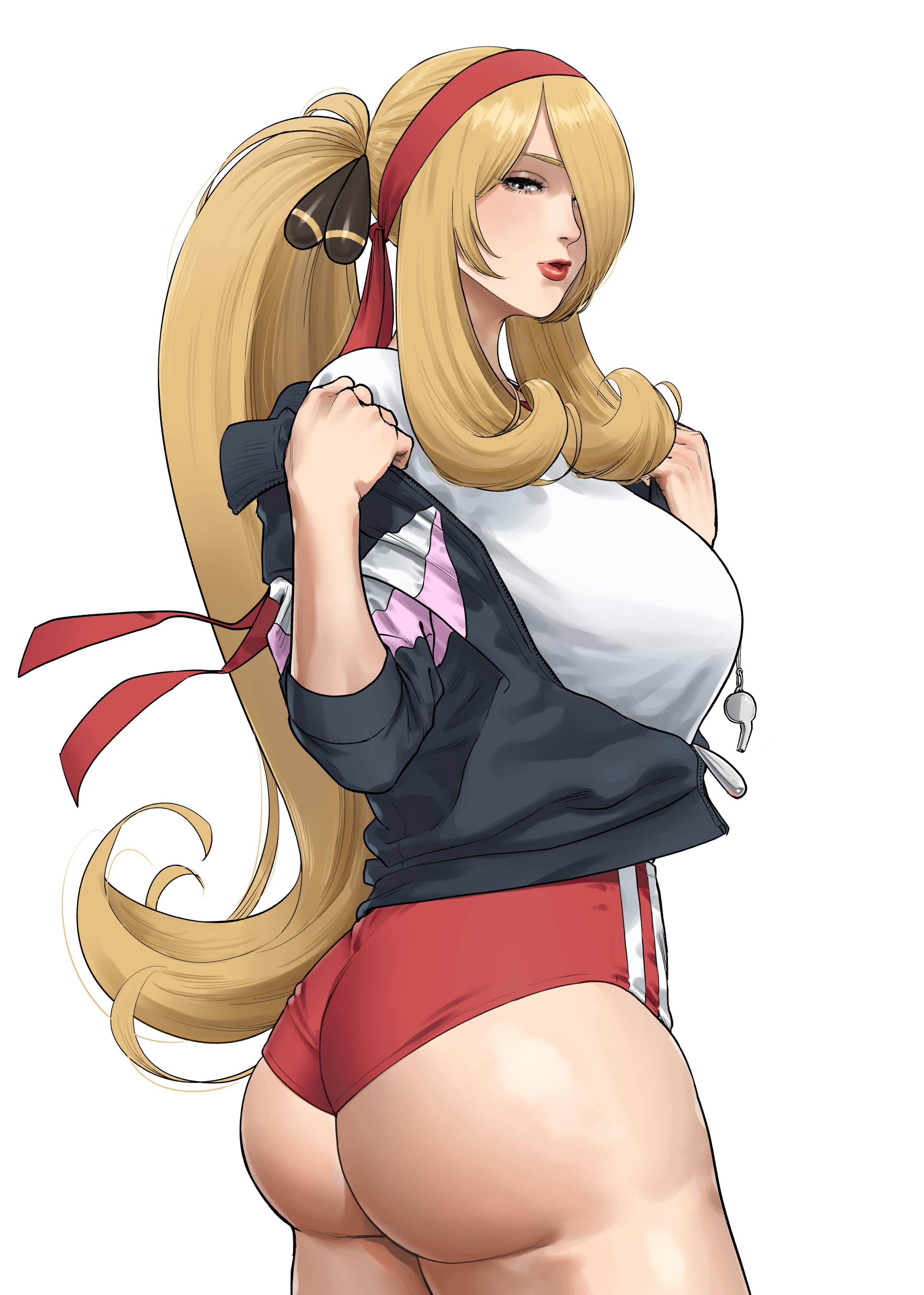 wasabishouyu, cynthia (pokemon), nintendo, pokemon, pokemon dppt, absurdres, commentary request, highres, 1girl, ass, blonde hair, breasts, buruma, cowboy shot, curvy, gym uniform, hair over one eye, headband, large breasts, long hair, looking at viewer, mature female, red buruma, red headband, red lips, shirt, solo, very long hair, white background, white shirt