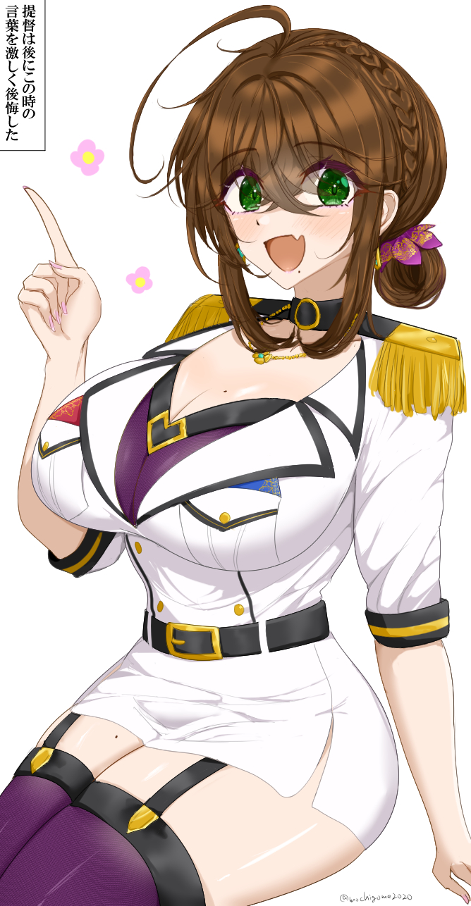 chamumi (mochiumee), female admiral (kancolle), kantai collection, commentary request, highres, translation request, 1girl, ahoge, arm support, belt, blush, bra, breast pocket, breasts, brown hair, cleavage, detached arm, epaulettes, fang, folded ponytail, garter belt, green eyes, hair between eyes, hand up, index finger raised, large breasts, looking at viewer, military uniform, mole, mole on breast, mole on thigh, mole under mouth, open mouth, pocket, sidelocks, sitting, skin fang, skirt, solo focus, thighhighs, underwear