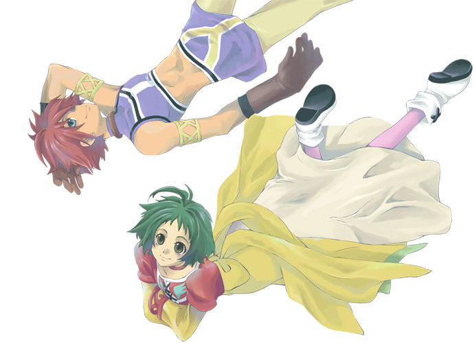 farah oersted, reid hershel, tales of (series), tales of eternia, 00s, 1boy, 1girl, blue eyes, dress, gloves, green hair, lying, red hair, short hair, simple background, smile, white background, yellow eyes
