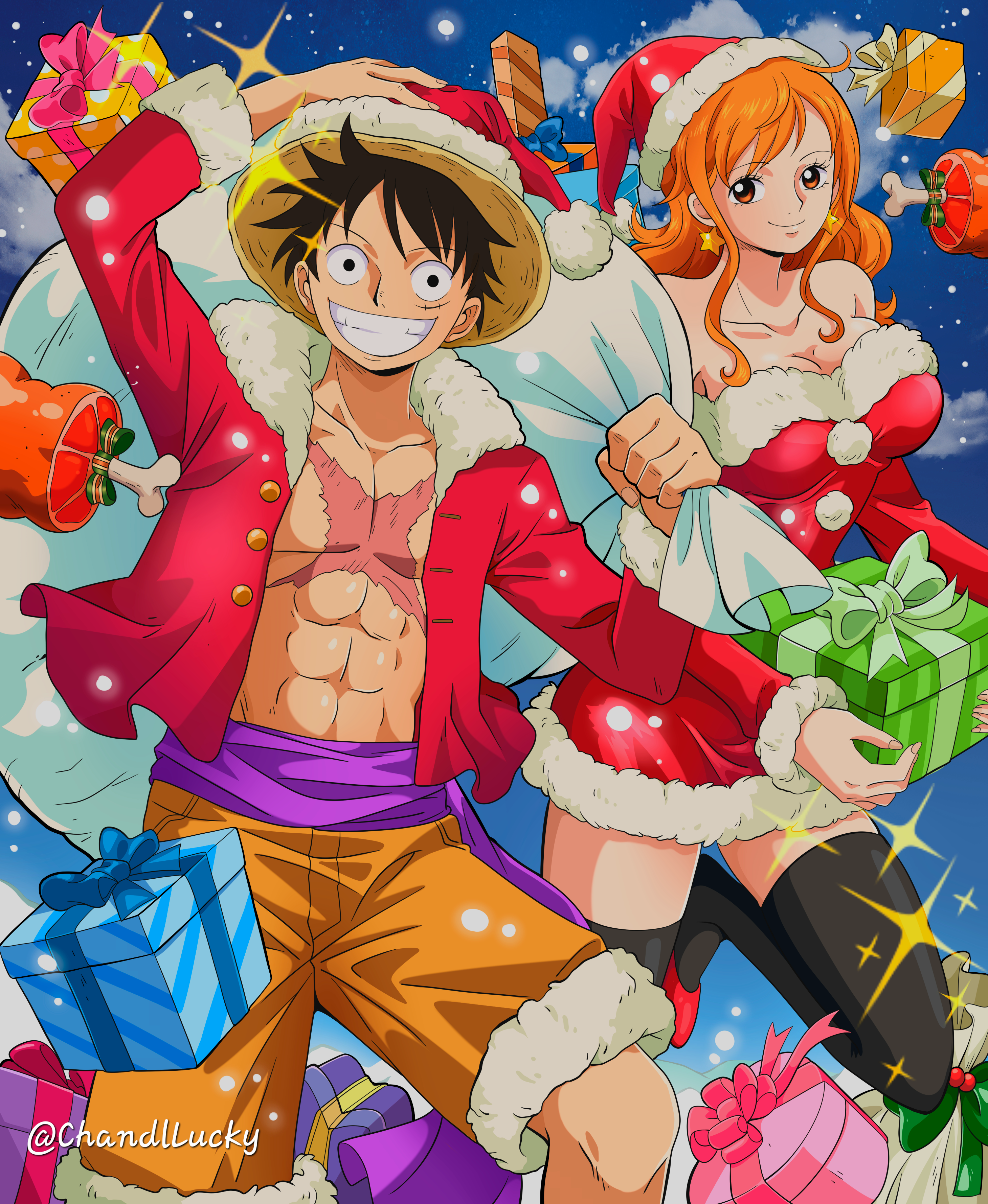 chandllucky, monkey d. luffy, nami (one piece), one piece, absurdres, highres, 1boy, 1girl, abs, bare shoulders, black hair, black thighhighs, boned meat, breasts, christmas, christmas present, collarbone, cross scar, dress, earrings, facial scar, feet out of frame, food, fur-trimmed dress, fur-trimmed headwear, fur-trimmed shirt, fur-trimmed shorts, fur trim, gift, grin, hand on headwear, hat, holding, holding gift, holding sack, jewelry, large breasts, long hair, long sleeves, looking at viewer, meat, open clothes, open shirt, orange eyes, orange hair, pom pom (clothes), purple sash, red dress, red shirt, red shoes, sack, santa costume, santa dress, santa hat, sash, scar, scar on cheek, scar on chest, scar on face, shirt, shoes, short dress, short hair, shorts, sidelocks, smile, snowing, sparkle, star (symbol), star earrings, strapless, strapless dress, teeth, thighhighs, twitter username, wavy hair, yellow shorts, zettai ryouiki