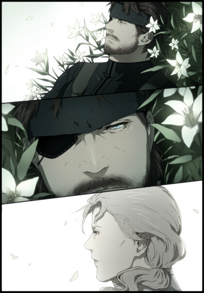 gobeur, big boss, the boss, metal gear (series), metal gear solid 3: snake eater, bad deviantart id, bad id, 1boy, 1girl, beard, blonde hair, blue eyes, brown hair, eyepatch, facial hair, field, flower, headband, long hair, lying, mustache
