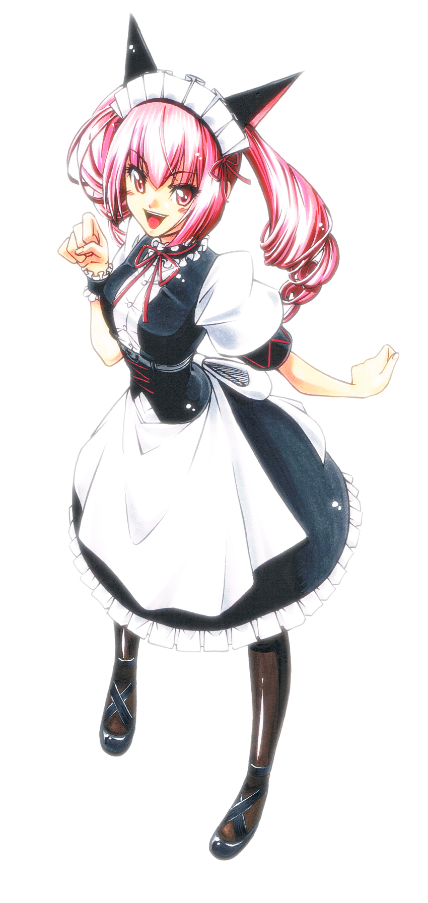 eibon, akiha rumiho, science adventure, steins;gate, commentary request, highres, 1girl, animal ear hairband, animal ears, apron, back bow, belt around waist, belt buckle, black skirt, bow, buckle, buttons, cat ears, collar, dress, drill hair, fake animal ears, frilled collar, frilled dress, frilled hairband, frilled skirt, frills, full body, hair between eyes, hairband, long hair, long skirt, looking at viewer, maid, maid apron, maid headdress, mary janes, mayqueen maid uniform, open mouth, pantyhose, paw pose, pink eyes, pink hair, pink lips, puffy short sleeves, puffy sleeves, red ribbon, ribbon, ribbon-trimmed collar, ribbon-trimmed corset, ribbon-trimmed hairband, ribbon-trimmed sleeves, ribbon trim, shoes, short sleeves, simple background, skirt, smile, solo, tsurime, twin drills, twintails, white apron, white background, white bow, white dress, wrist cuffs