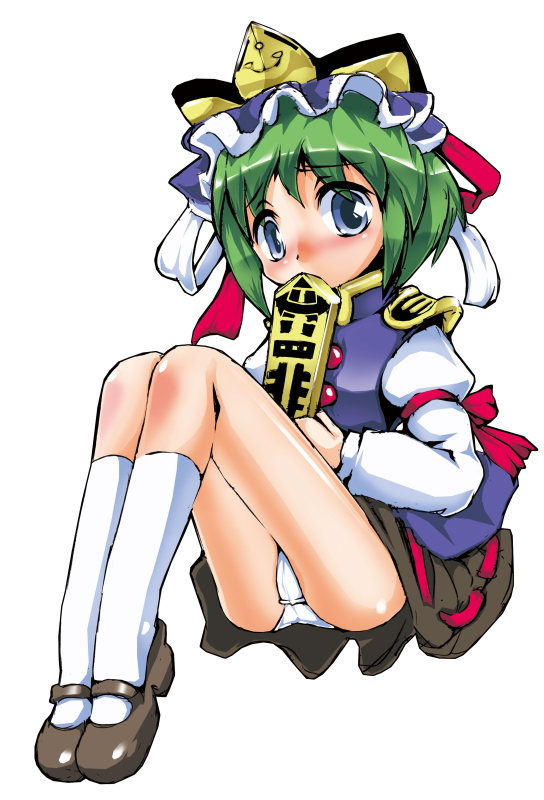 sukiyo, hakurei reimu, shiki eiki, touhou, 1girl, blue eyes, blush, female focus, green hair, hat, panties, rod of remorse, short hair, solo, underwear, upskirt