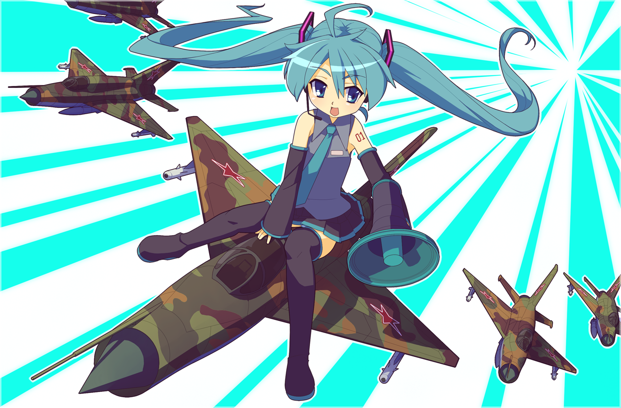 torosalmon, hatsune miku, mig-21, koi wa sensou (vocaloid), vocaloid, bad id, bad pixiv id, 1girl, aircraft, airplane, camouflage, female focus, fighter jet, megaphone, military, military vehicle, solo, soviet, twintails
