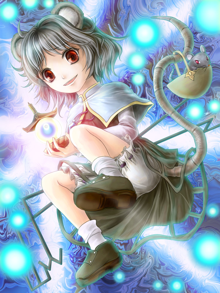yuki shuuka, nazrin, touhou, bad id, bad pixiv id, 1girl, animal ears, basket, female focus, full body, grey hair, jewelry, mouse (animal), mouse ears, mouse tail, pendant, red eyes, shoes, short hair, socks, solo, tail