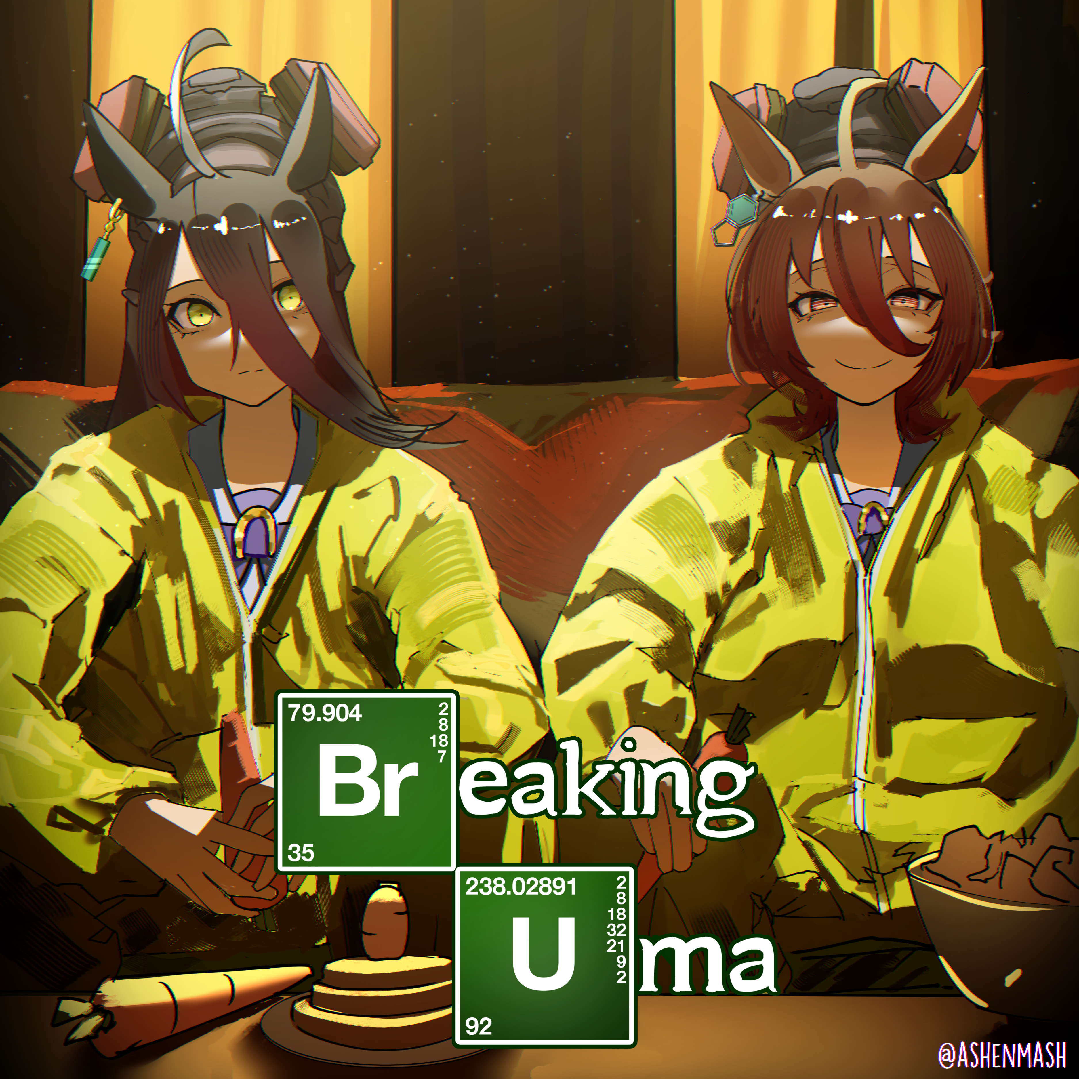 ashenmash, agnes tachyon (umamusume), jesse pinkman, manhattan cafe (umamusume), walter white, breaking bad, umamusume, absurdres, commentary, english commentary, highres, 2girls, ahoge, animal ears, artist name, black hair, brown hair, carrot, chemical structure, cosplay, earrings, gas mask, hair between eyes, hazmat suit, horse ears, horse girl, horseshoe ornament, jesse pinkman (cosplay), jewelry, long hair, long hair between eyes, long sleeves, looking at viewer, mask, meme, multiple girls, parody, purple serafuku, purple shirt, respirator, school uniform, serafuku, shirt, single earring, smile, tracen school uniform, unworn mask, uranium, walter white (cosplay), yellow eyes