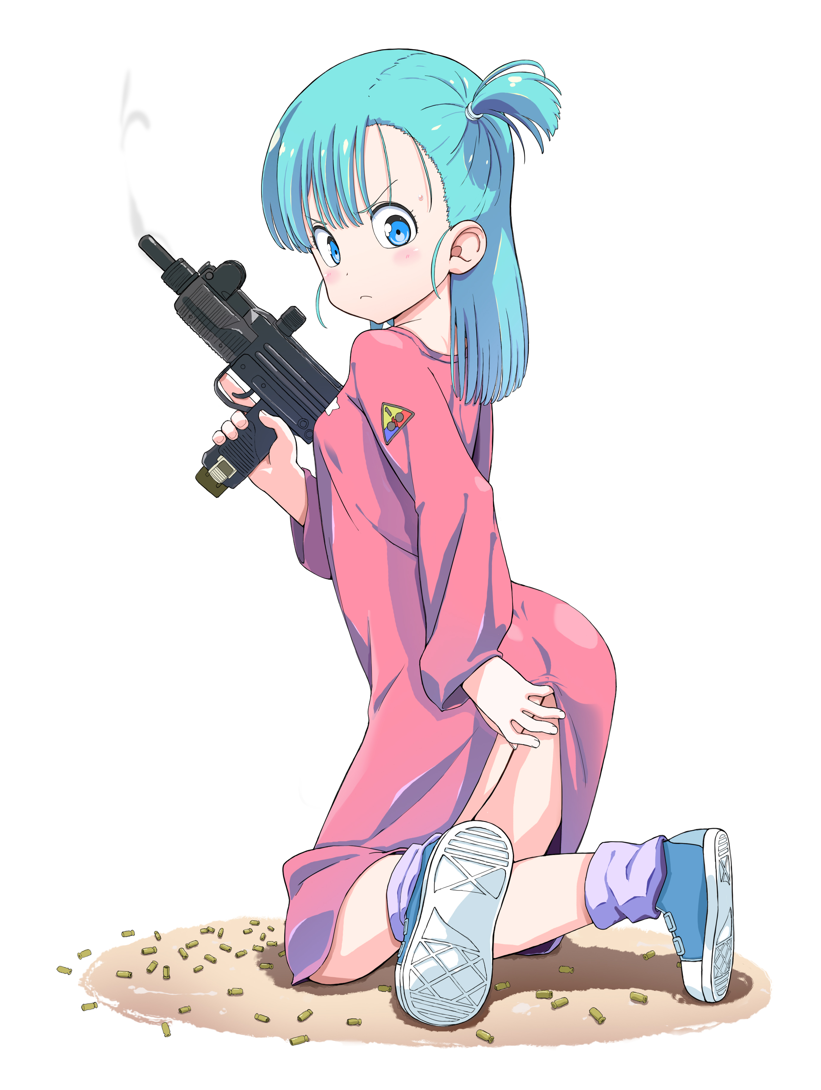 kuuchuu yousai, bulma (future), dragon ball, dragon ball (classic), absurdres, commentary request, highres, 1girl, alternate breast size (smaller), aqua hair, ass, blue eyes, blue shoes, breasts, clothes lift, dress, dress lift, from behind, full body, gun, holding, holding gun, holding weapon, kneeling, looking back, one side up, purple socks, shell casing, shoes, small breasts, smoke, socks, solo, submachine gun, trigger discipline, uzi, v-shaped eyebrows, weapon