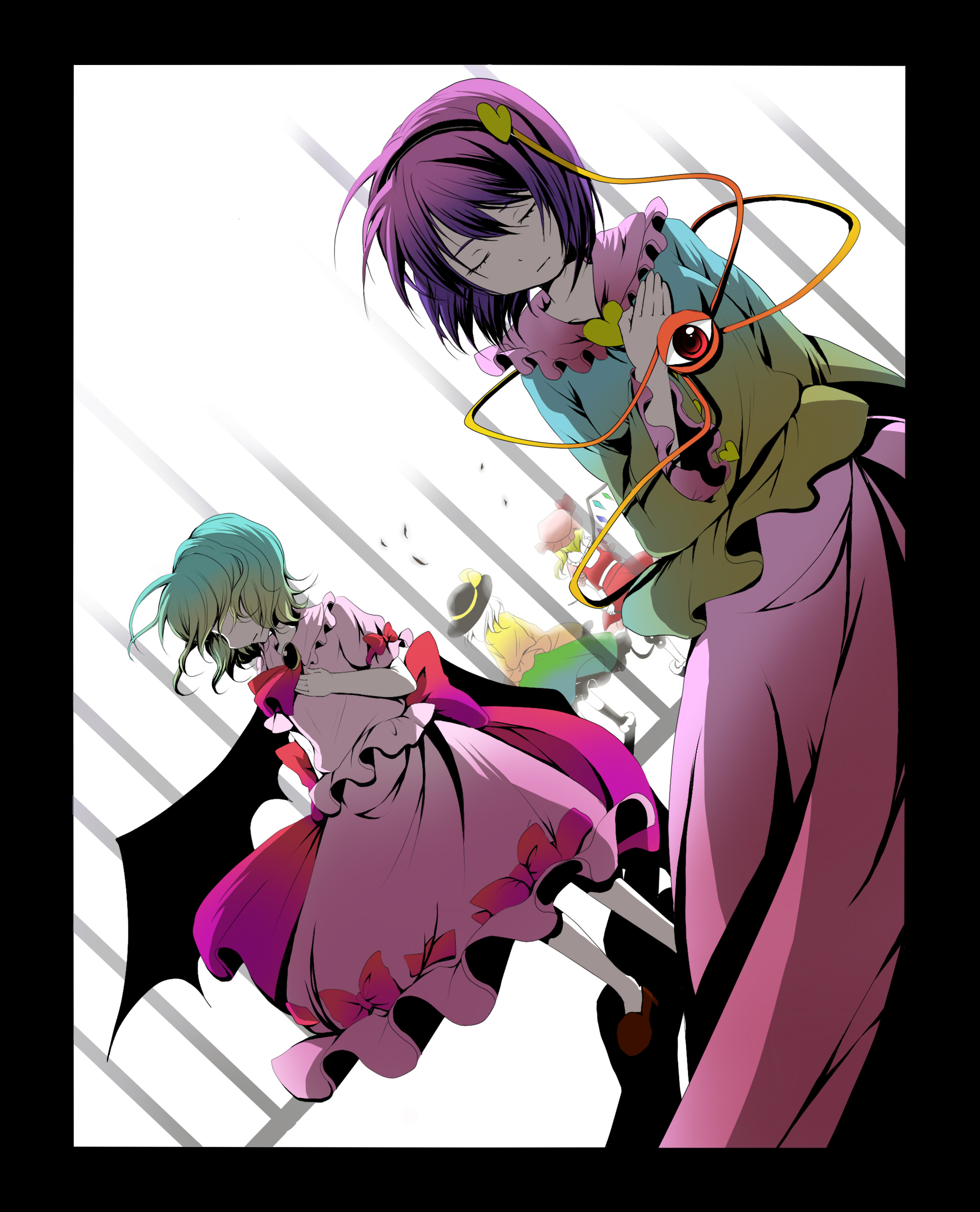 mizumiyako, flandre scarlet, komeiji koishi, komeiji satori, remilia scarlet, koishi komeiji's heart-throbbing adventure, touhou, silver hair, absurdres, highres, spoilers, 4girls, bat wings, blonde hair, blue hair, cage, comparison, contrast, female focus, hairband, hat, heart, multiple girls, no headwear, purple hair, short hair, siblings, side ponytail, single wing, sisters, third eye, wings