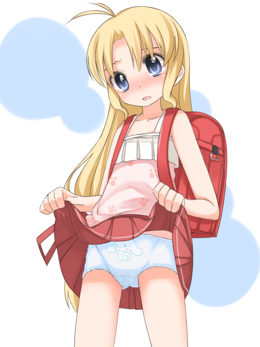 shouji ayumu, kashiwagi hatsune, aquaplus (company), kizuato, leaf (series), highres, third-party edit, 1girl, backpack, bag, blonde hair, blue eyes, blush, cameltoe, clothes lift, female focus, loli, long hair, panties, print panties, randoseru, skirt, skirt lift, solo, underwear, white panties