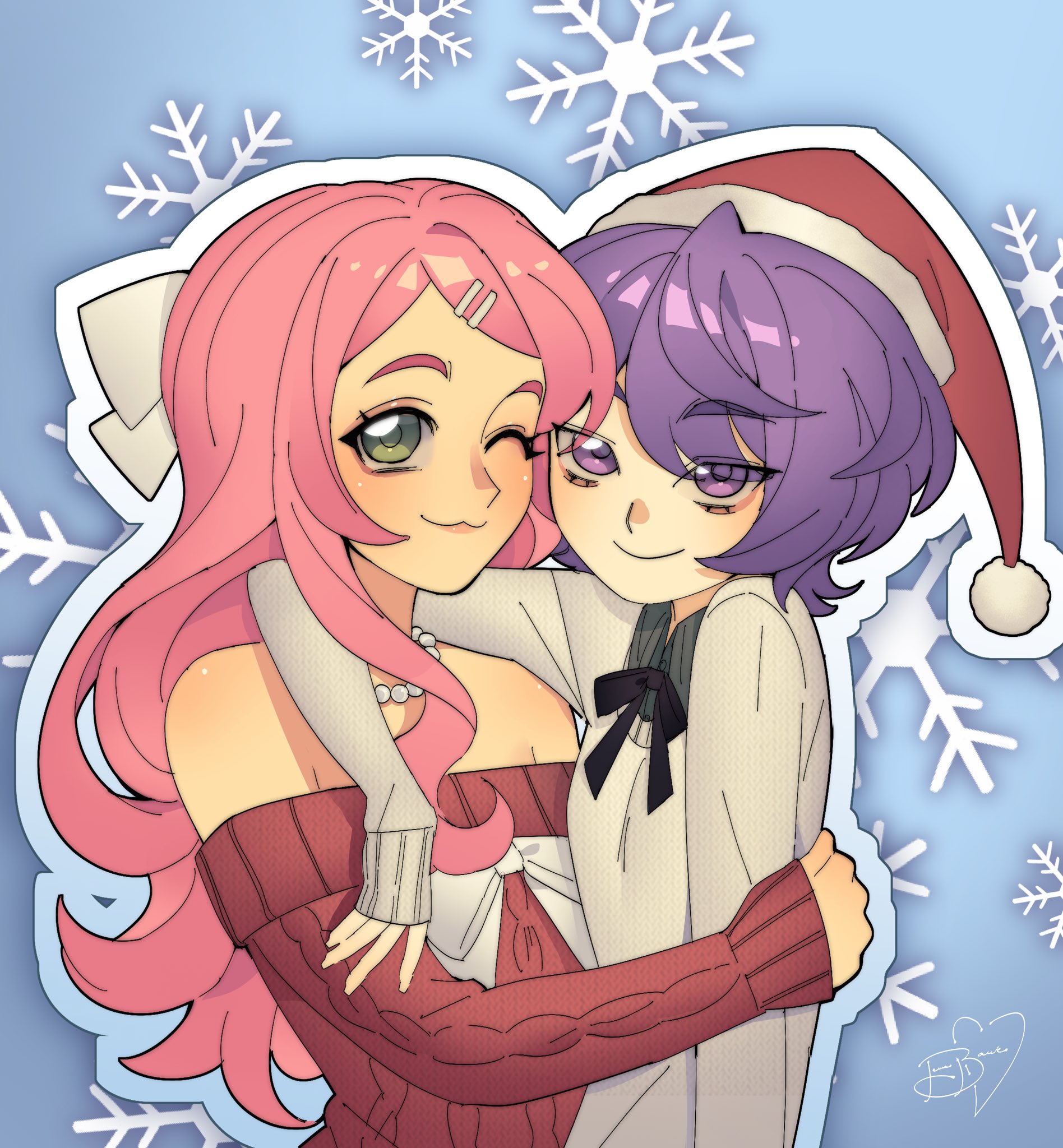 treebarkagain, momone momo, utane uta, utau, commentary, english commentary, highres, 2girls, :3, bare shoulders, bead necklace, beads, black ribbon, bow, bowtie, christmas, closed mouth, gradient background, gradient outline, green eyes, hair bow, hair ornament, hairclip, hat, hug, jewelry, long hair, looking at viewer, multiple girls, necklace, one eye closed, pink hair, purple eyes, purple hair, red bow, red bowtie, red hat, red sweater, ribbon, santa hat, short hair, smile, snowflake background, sweater, white bow, white sweater