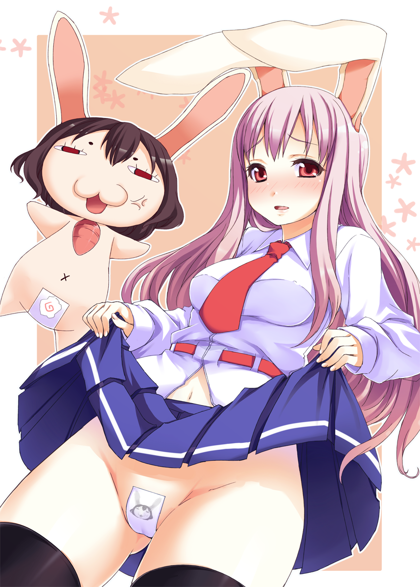 kaneru, inaba tewi, reisen udongein inaba, touhou, highres, 1girl, animal ears, blush, brown hair, clothes lift, female focus, maebari, navel, necktie, no panties, purple hair, rabbit ears, red eyes, red necktie, skirt, skirt lift, solo, thighhighs