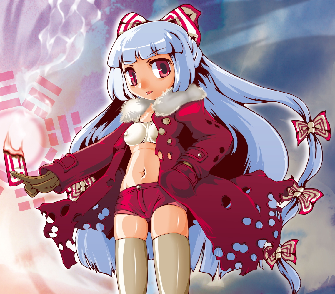 sukiyo, fujiwara no mokou, touhou, silver hair, 1girl, bow, breasts, covered erect nipples, female focus, hair bow, hair ribbon, long hair, multiple hair bows, red eyes, ribbon, small breasts, solo, thighhighs