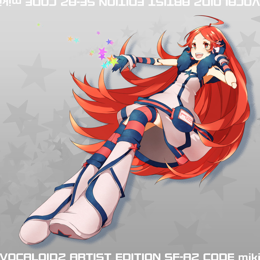 reika (artist), reika (clovia studio), sf-a2 miki, vocaloid, multicolored legwear, bad id, bad pixiv id, 1girl, ahoge, android, belt, boots, doll joints, dress, female focus, gloves, headphones, joints, kneehighs, long hair, patterned legwear, red eyes, red hair, robot joints, smile, socks, solo, star (symbol), striped clothes, striped gloves, striped socks, thighhighs, two-tone stripes, wrist cuffs, yamaha