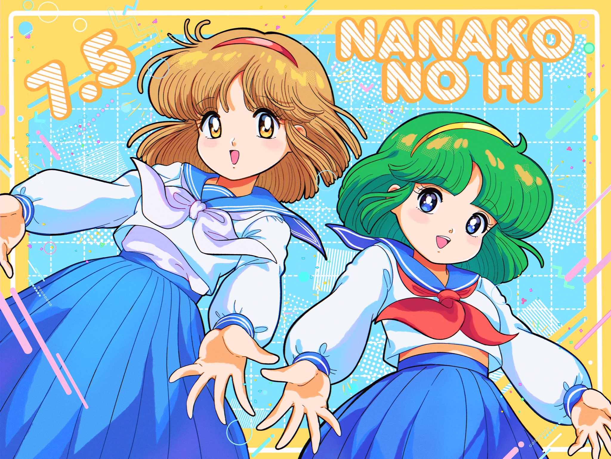 nka 46, nanako (nanako sos), nanako sos, commentary, highres, 2girls, blue eyes, blue sailor collar, blue skirt, brown eyes, brown hair, character name, cowboy shot, dated, dual persona, dutch angle, green hair, hairband, looking at viewer, medium hair, multiple girls, neckerchief, open hands, open mouth, outstretched arms, pleated skirt, puffy sleeves, red hairband, red neckerchief, sailor collar, shirt, skirt, smile, standing, teeth, undershirt, upper teeth only, white neckerchief, white shirt, yellow hairband