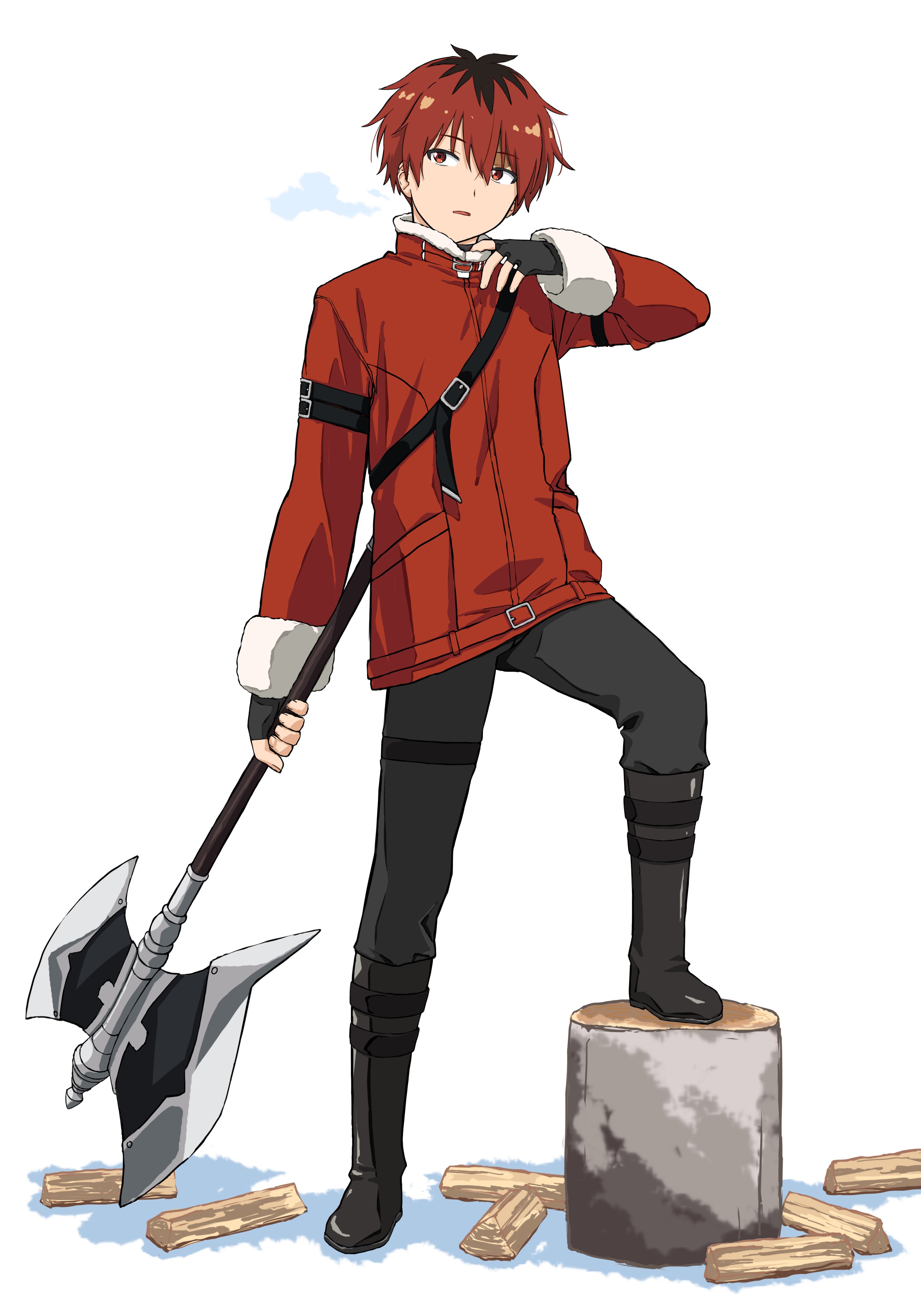 kuuchuu yousai, stark (sousou no frieren), sousou no frieren, absurdres, commentary request, highres, 1boy, axe, battle axe, black boots, black gloves, black hair, black pants, boots, fingerless gloves, fur-trimmed jacket, fur trim, gloves, holding, holding axe, jacket, knee boots, log, male focus, multicolored hair, pants, red eyes, red hair, red jacket, roots (hair), solo, two-tone hair, uneven footing, weapon