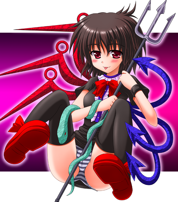 nagana sayui, houjuu nue, touhou, 1girl, black hair, black thighhighs, dress, female focus, full body, gradient background, panties, polearm, red eyes, short hair, snake, solo, spear, thighhighs, trident, underwear, weapon, wings