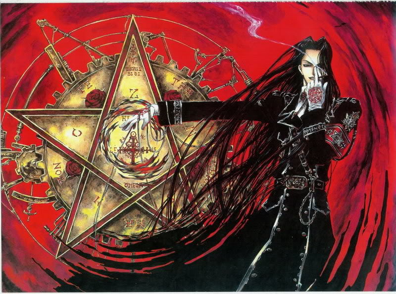 trinity blood, 00s, black hair, blood, cigarette, coat, gears, long hair, male focus, pentagram, smoke, trench coat