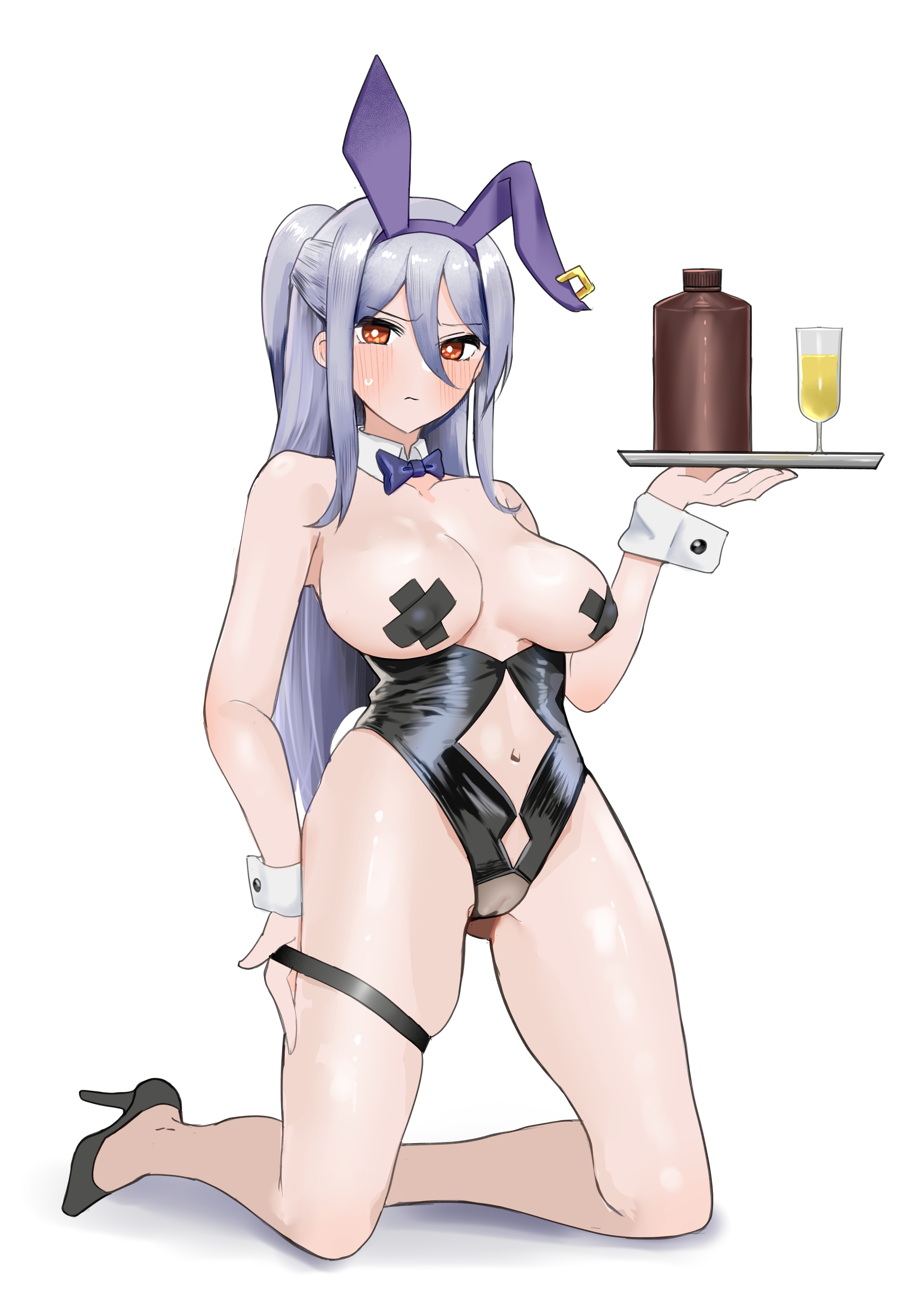 tsuruga, original, absurdres, commentary request, commission, highres, pixiv commission, 1girl, animal ear piercing, animal ears, black leotard, black shoes, blush, bottle, bow, bowtie, breasts, bright pupils, clothing cutout, cross, cross pasties, detached collar, embarrassed, fake animal ears, fake tail, flute, frown, grey hair, hair between eyes, half-leotard, high heels, highleg, highleg leotard, holding, holding tray, instrument, kneeling, large breasts, leotard, long hair, looking at viewer, navel cutout, nontraditional playboy bunny, orange eyes, pasties, playboy bunny, ponytail, purple bow, purple bowtie, pussy, rabbit ears, rabbit tail, revealing clothes, see-through clothes, see-through leotard, shoes, skindentation, solo, strapless, strapless leotard, tail, tape, tape on nipples, thigh strap, topless female, tray, usami shoko, very long hair, white pupils, wrist cuffs