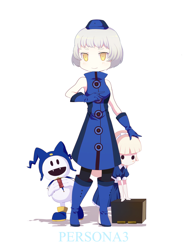 harano, alice (megami tensei), elizabeth (persona), jack frost (megami tensei), atlus, persona, persona 3, silver hair, bad id, bad pixiv id, 2girls, bare shoulders, blonde hair, boots, dress, gloves, hairband, hat, multiple girls, pantyhose, short hair, sleeveless, smile