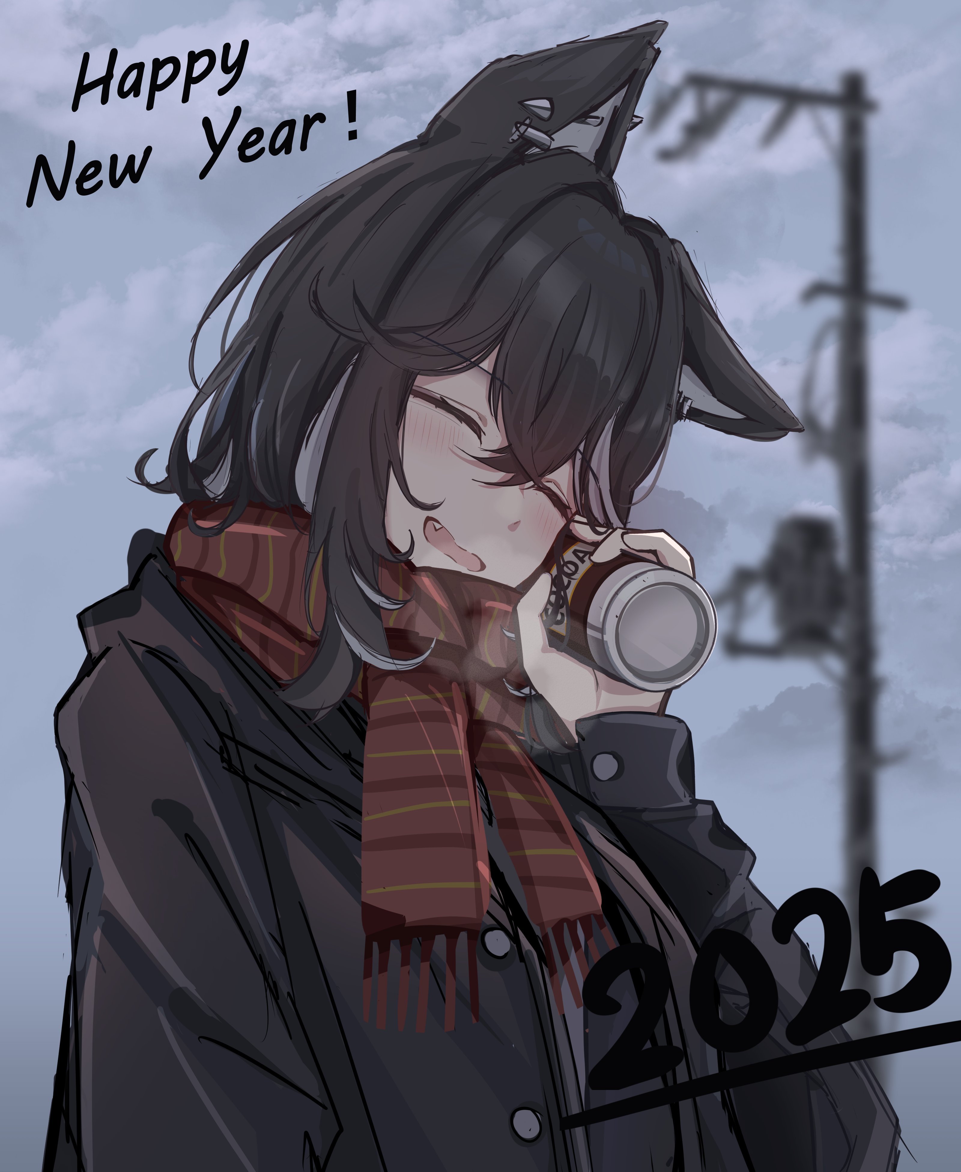 no name ver1, nero (kmnz), kmnz, absurdres, commentary request, highres, 1girl, 2025, animal ear piercing, animal ears, black coat, black hair, blurry, blurry background, breath, brown scarf, can, closed eyes, coat, crossed bangs, dog ears, dog girl, double-parted bangs, drink can, fang, grey streaks, hair between eyes, happy new year, holding, holding can, long sleeves, medium hair, multicolored hair, new year, open mouth, scarf, smile, solo, streaked hair, upper body, virtual youtuber