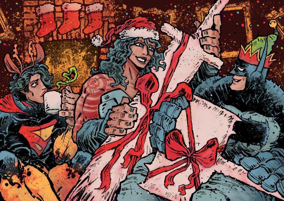 azoinab, batman, superman, wonder woman, absolute batman, absolute dc, absolute superman, absolute wonder woman, dc comics, 1girl, 2boys, axe, back spikes, bat mask, batman symbol, box, christmas, gift, gift box, huge weapon, merry christmas, multiple boys, red tattoo, superhero costume, sword, tattoo, tattoo sleeve, weapon