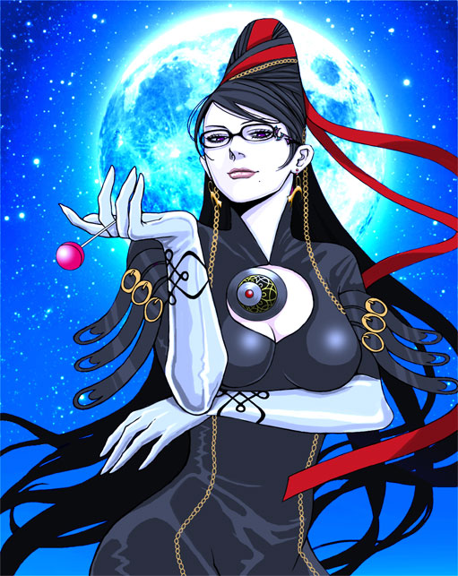 rachel (artist), bayonetta, bayonetta (series), bayonetta 1, bad id, bad pixiv id, 1girl, black hair, bodysuit, breasts, candy, female focus, food, full moon, glasses, lips, lollipop, long hair, mole, mole under mouth, moon, outdoors, sky, solo