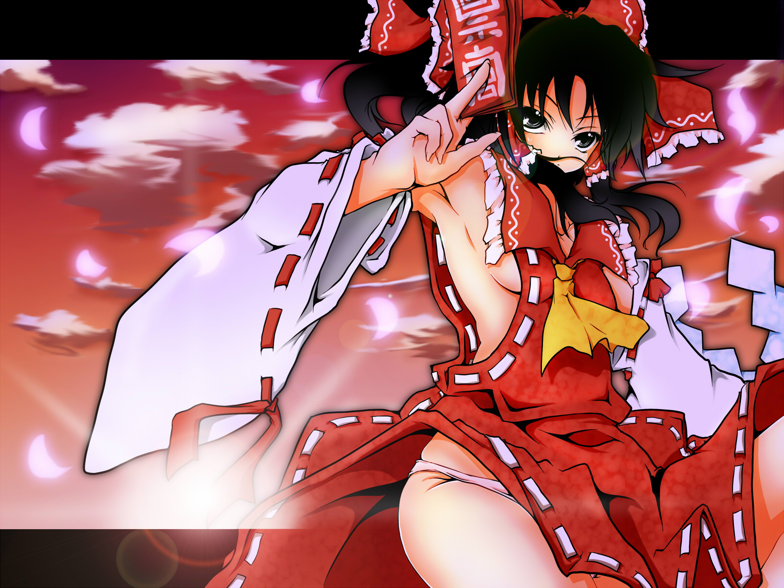 haruyonoto, hakurei reimu, touhou, highres, 1girl, armpits, black eyes, black hair, bow, breasts, detached sleeves, female focus, fingernails, gohei, japanese clothes, lens flare, long hair, miko, no bra, ofuda, panties, ribbon, sideboob, solo, underwear
