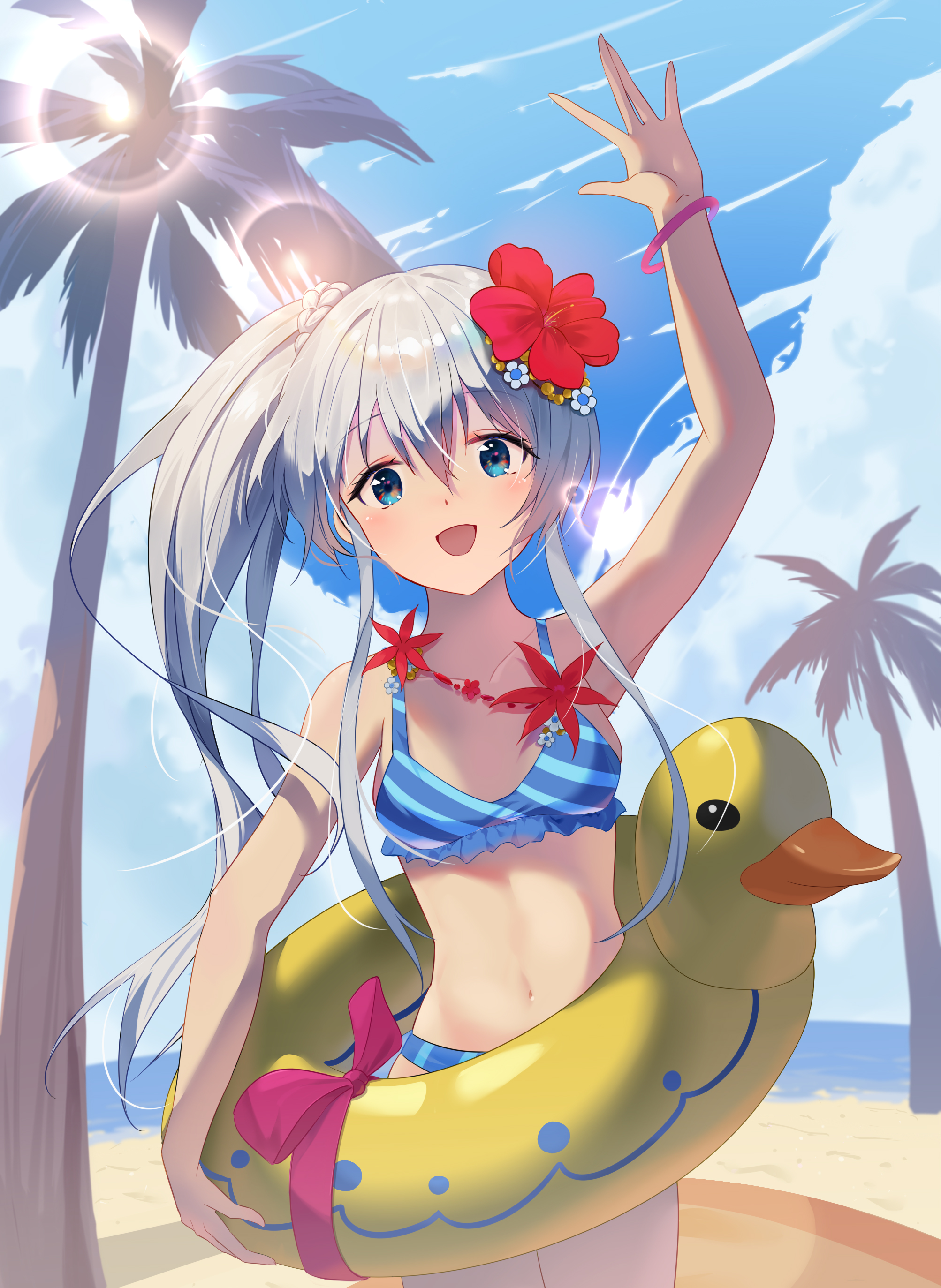 celia claire, seirei gensouki, absurdres, commentary request, highres, 1girl, :d, beach, bikini, blue bikini, blue eyes, breasts, cleavage, flower, frilled bikini, frills, grey hair, hair flower, hair ornament, high side ponytail, long hair, long sidelocks, nanjonyanya, navel, ocean, open mouth, palm tree, sand, side ponytail, sidelocks, small breasts, smile, solo, striped bikini, striped clothes, swim ring, swimsuit, tree, very long hair, very long sidelocks