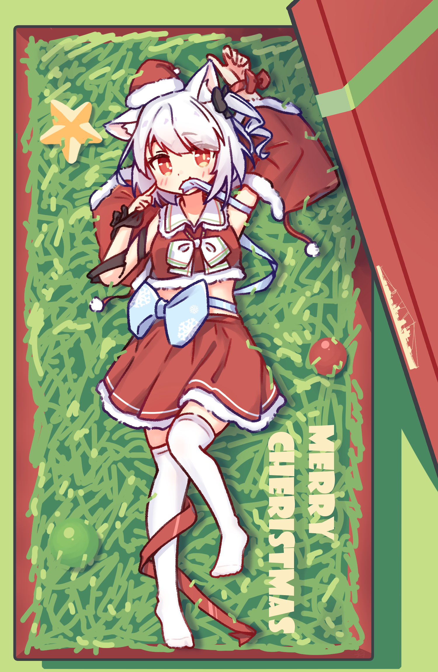 ph painter, yukikaze (azur lane), azur lane, commentary request, highres, 1girl, animal ear fluff, animal ears, black ribbon, cat ears, cat girl, christmas, detached sleeves, from above, hair ribbon, hat, looking at viewer, lying, merry christmas, on back, red eyes, red skirt, ribbon, santa hat, skirt, solo, thighhighs, white hair, white thighhighs
