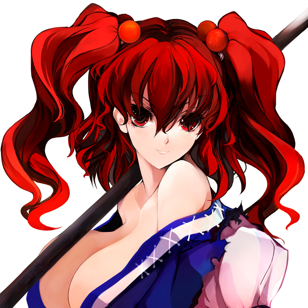 pupps, onozuka komachi, touhou, 1girl, bare shoulders, breasts, cleavage, female focus, hair bobbles, hair ornament, large breasts, off shoulder, red eyes, red hair, seductive smile, smile, solo, twintails, two side up