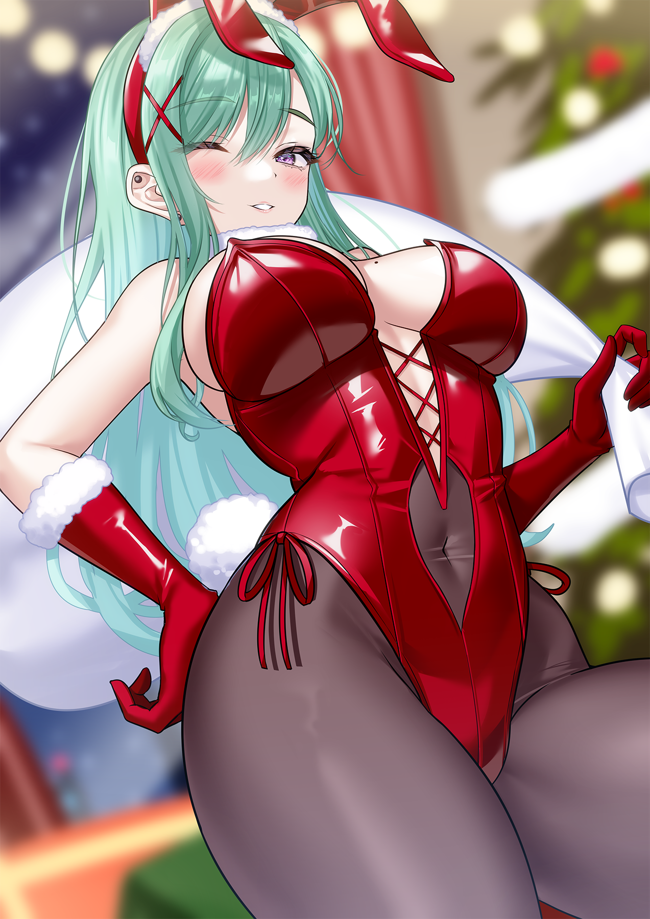 hisame shiki, yakumo beni, vspo!, commentary request, highres, 1girl, animal ears, blurry, blurry background, blush, breasts, brown pantyhose, carrying, christmas, christmas tree, covered navel, cross-laced clothes, cross-laced leotard, ear piercing, fake animal ears, fur-trimmed gloves, fur-trimmed hairband, fur trim, gloves, green hair, hairband, hand on own hip, high-waist pantyhose, highleg, highleg leotard, holding, holding sack, indoors, large breasts, leotard, long hair, looking at viewer, mole, mole on breast, nontraditional playboy bunny, one eye closed, pantyhose, parted lips, piercing, plunging neckline, purple eyes, rabbit ears, red gloves, red hairband, red leotard, sack, shoulder carry, side-tie leotard, solo, strapless, strapless leotard, very long hair, virtual youtuber
