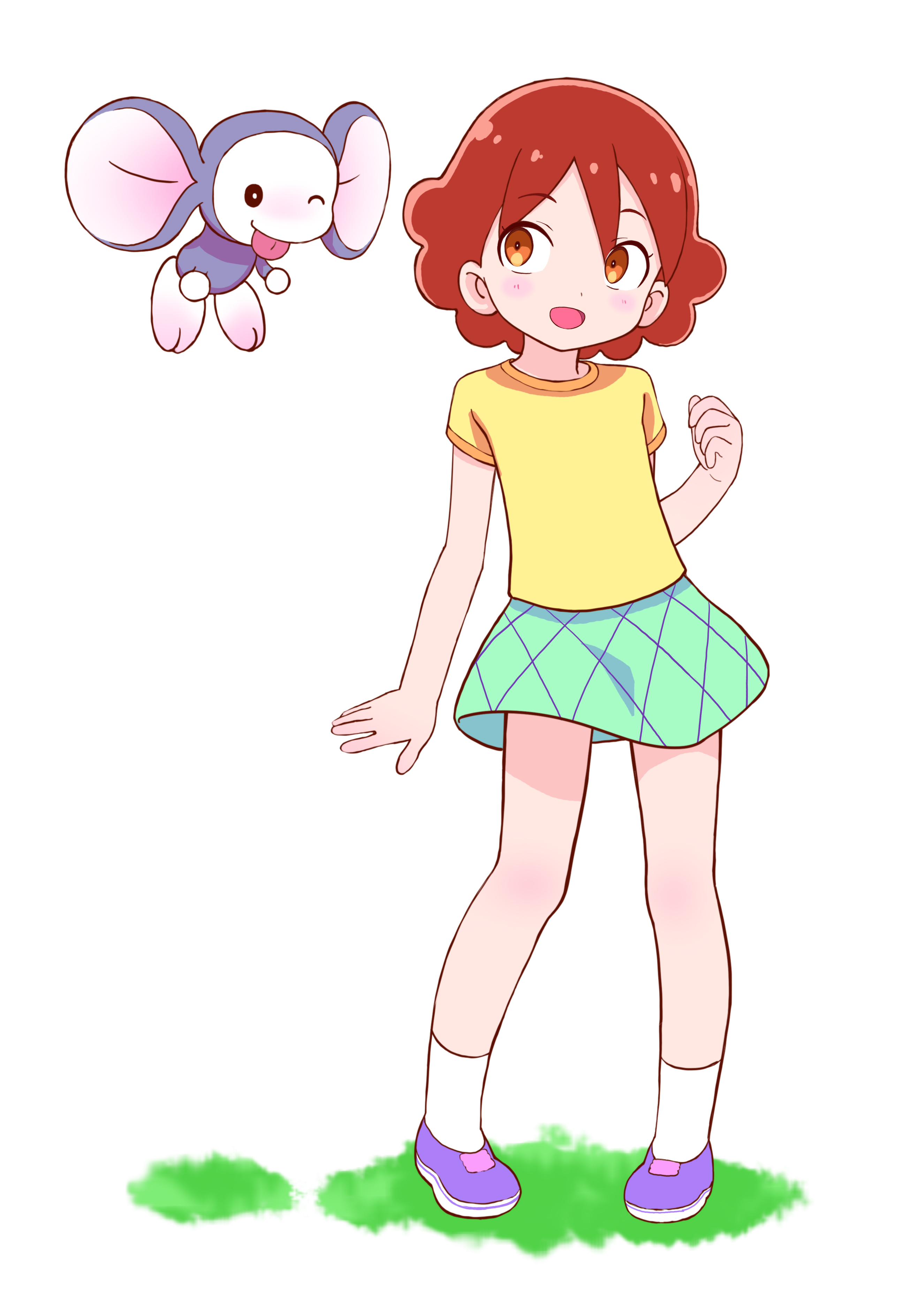 kuuchuu yousai, chinpui (chinpui), kasuga eri, chinpui, absurdres, commentary request, highres, 1girl, grass, green skirt, miniskirt, orange eyes, purple shoes, red hair, shirt, shoes, short hair, skirt, socks, t-shirt, white socks, yellow shirt