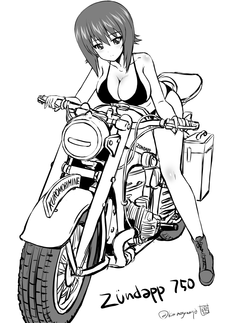 kamogawa tanuki, nishizumi maho, girls und panzer, commentary request, 1girl, bikini, black bikini, breasts, full body, greyscale, highleg, highleg bikini, large breasts, looking at viewer, military, monochrome, motor vehicle, motorcycle, on motorcycle, short hair, signature, simple background, smile, solo, swimsuit, twitter username, white background, zundapp (motorcycle)