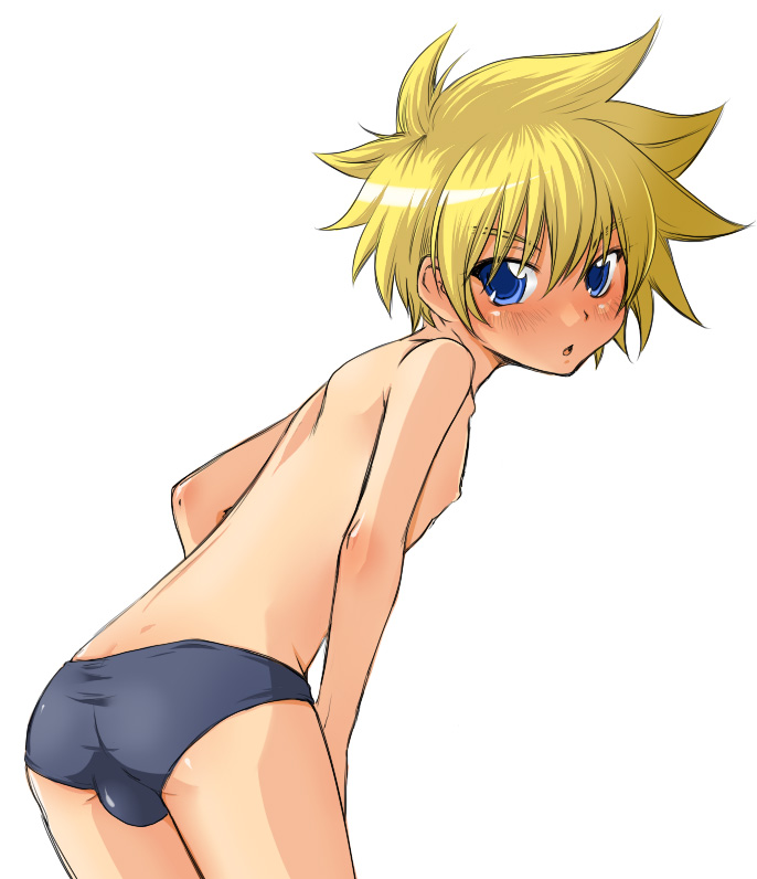 walnut (artist), kyle dunamis, tales of (series), tales of destiny, tales of destiny 2, 1boy, ass, blonde hair, blue eyes, bulge, from behind, looking back, male focus, shota, solo