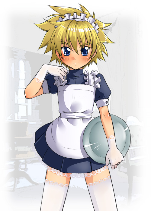 walnut (artist), kyle dunamis, tales of (series), tales of destiny, tales of destiny 2, 1boy, blonde hair, blue eyes, crossdressing, crossdressing (mtf), gloves, maid, male focus, male maid, solo, thighhighs, trap, tray, zettai ryouiki