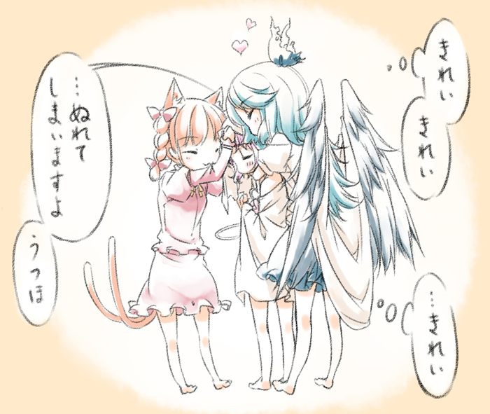 sakuraba yuuki, kaenbyou rin, komeiji satori, reiuji utsuho, touhou, translated, 3girls, :3, alternate color, animal ears, barefoot, blue hair, braid, cat ears, cat girl, cat tail, chibi, extra ears, female focus, hair ribbon, long hair, multiple girls, multiple tails, orange hair, pale color, pink hair, ribbon, short hair, skirt, tail, twin braids, twintails, white background, wings