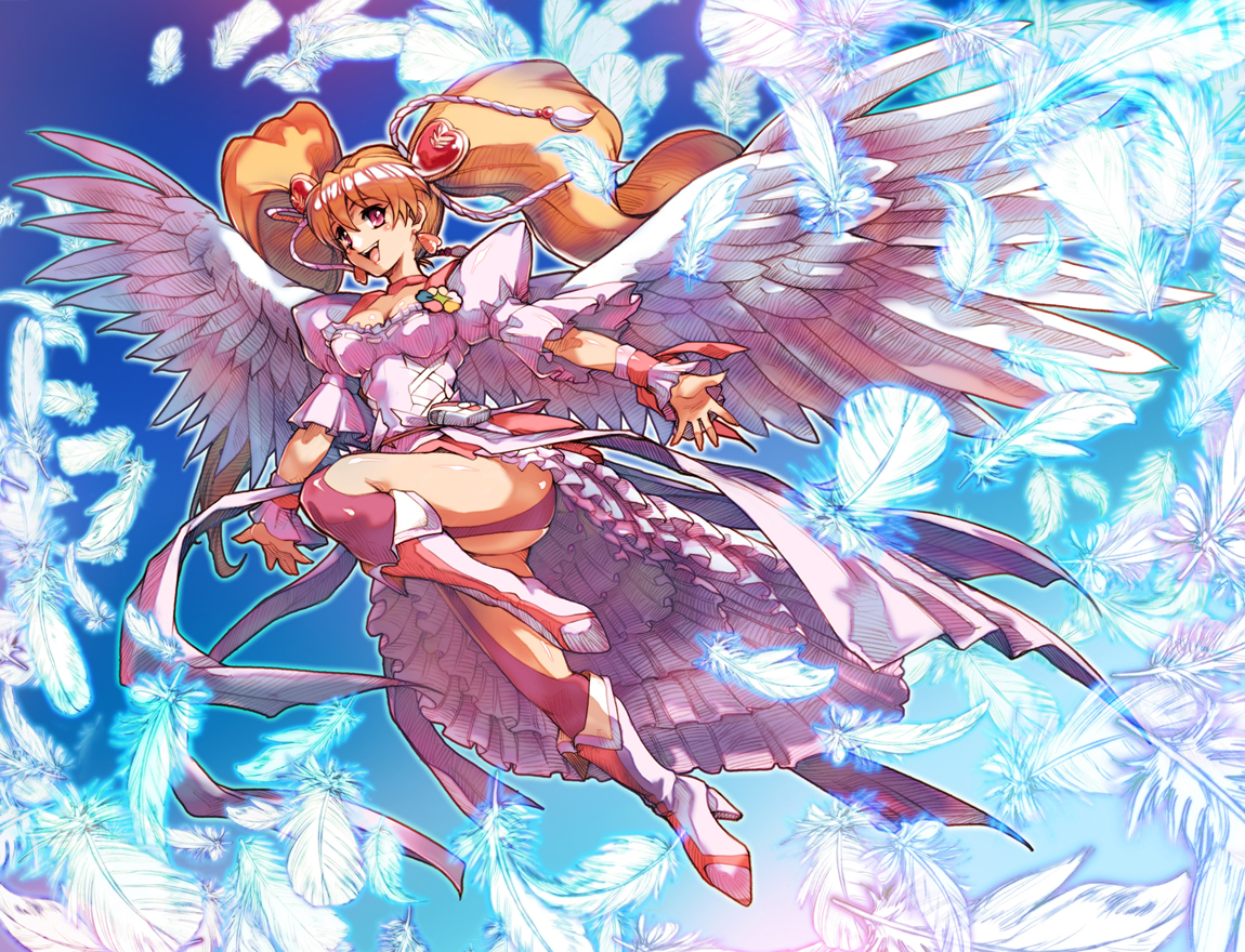 hisahiko, cure angel, cure peach, cure peach (angel), momozono love, fresh precure!, precure, 00s, 1girl, angel wings, boots, feathers, female focus, hair ornament, heart, heart hair ornament, knee boots, long hair, magical girl, orange hair, pink boots, red eyes, solo, twintails, very long hair, wings