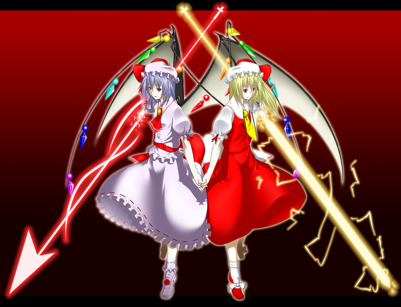 niwatazumi, flandre scarlet, remilia scarlet, touhou, light purple hair, bad id, bad pixiv id, 2girls, bat wings, blonde hair, female focus, hat, multiple girls, one side up, ponytail, red eyes, short hair, siblings, side ponytail, sisters, wings