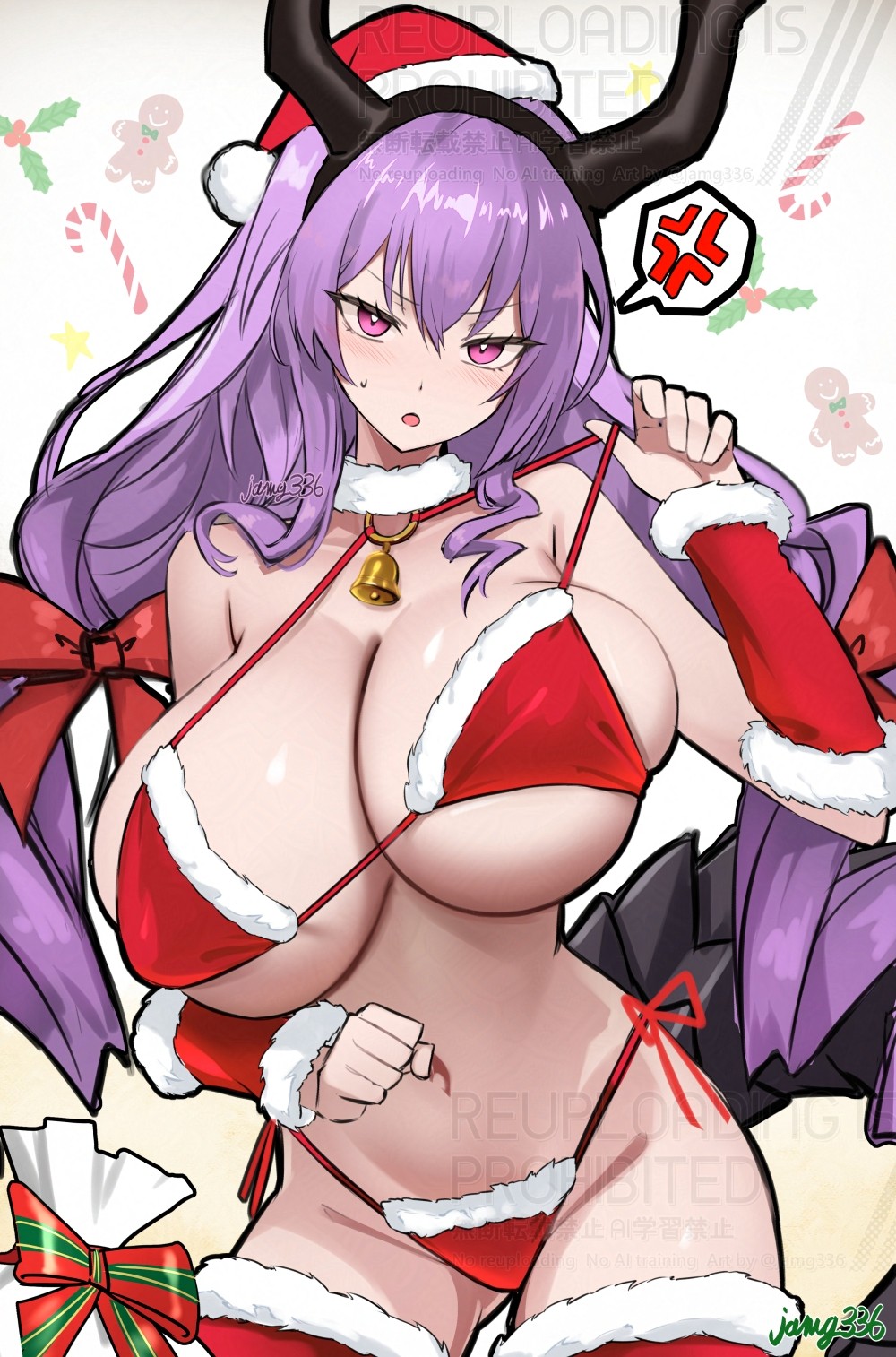 jamg336, typhon (arknights), arknights, commentary request, highres, 1girl, anger vein, artist name, bell, bikini, bikini pull, blush, breasts, christmas, cleavage, clothes pull, detached sleeves, eyebrows hidden by hair, fur-trimmed bikini, fur-trimmed sleeves, fur-trimmed thighhighs, fur trim, gift bag, groin, hat, horns, huge breasts, long hair, looking at viewer, navel, neck bell, open mouth, pink eyes, pulling own clothes, purple hair, santa bikini, santa costume, santa hat, skindentation, solo, spoken anger vein, stomach, sweatdrop, swimsuit, thighhighs, twintails, very long hair