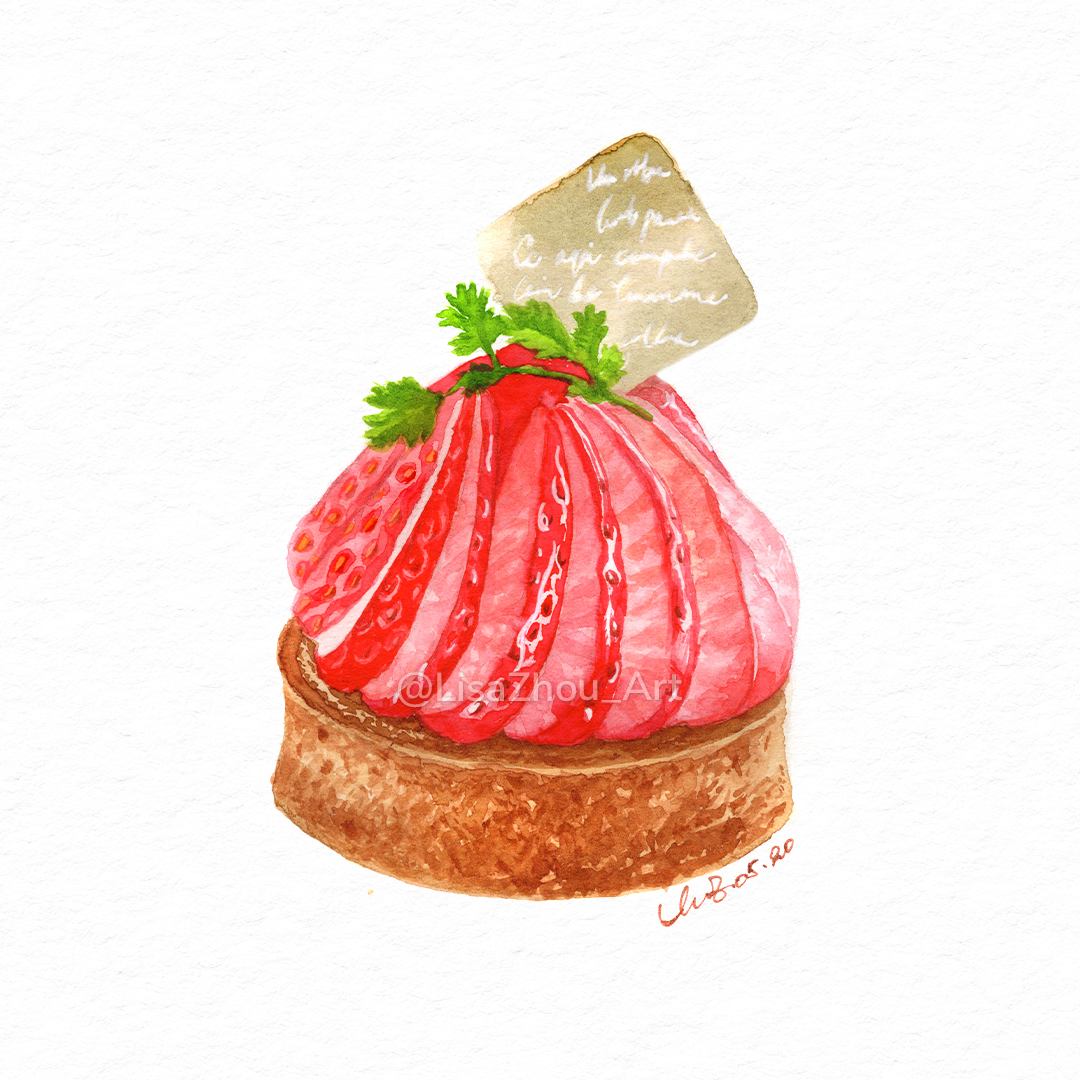 lisazhou art, original, commentary request, painting (medium), traditional media, watercolor (medium), artist name, cake, dated, food, food focus, fruit tart, leaf, no humans, sliced fruit, strawberry tart, tart (food), white background