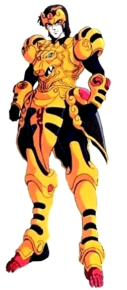 ten-oh hyuuga, tenkuu senki shurato, 1980s (style), 1boy, armor, brown hair, fang, male focus, retro artstyle, short hair, solo, tiger, white background