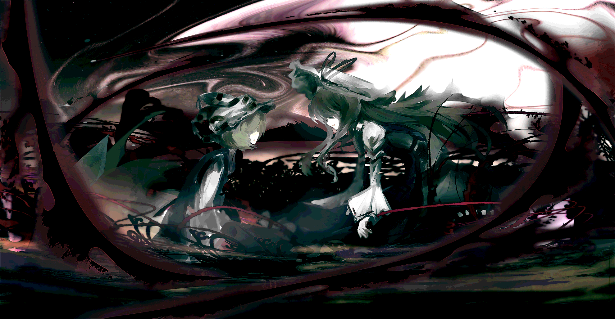 yoshioka yoshiko, yakumo ran, yakumo yukari, touhou, highres, 2girls, dark, darkness, female focus, fox tail, hat, kneeling, long hair, long sleeves, multiple girls, multiple tails, short hair, sitting, tail