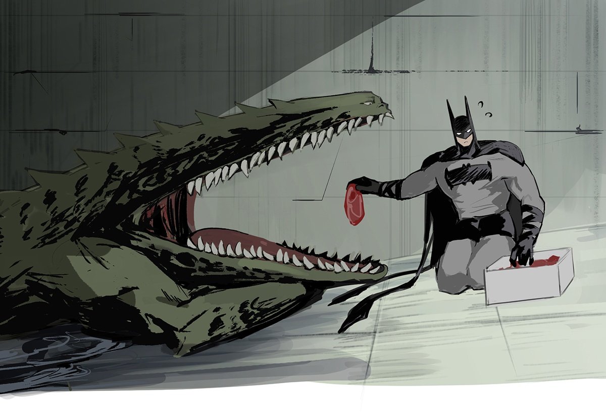 batman, killer croc, absolute batman, absolute dc, batman (series), dc comics, commentary, english commentary, 2boys, back spikes, bat mask, batman symbol, cowl, crocodile boy, crooked teeth, extra teeth, food, multiple boys, superhero costume, tjfclfb