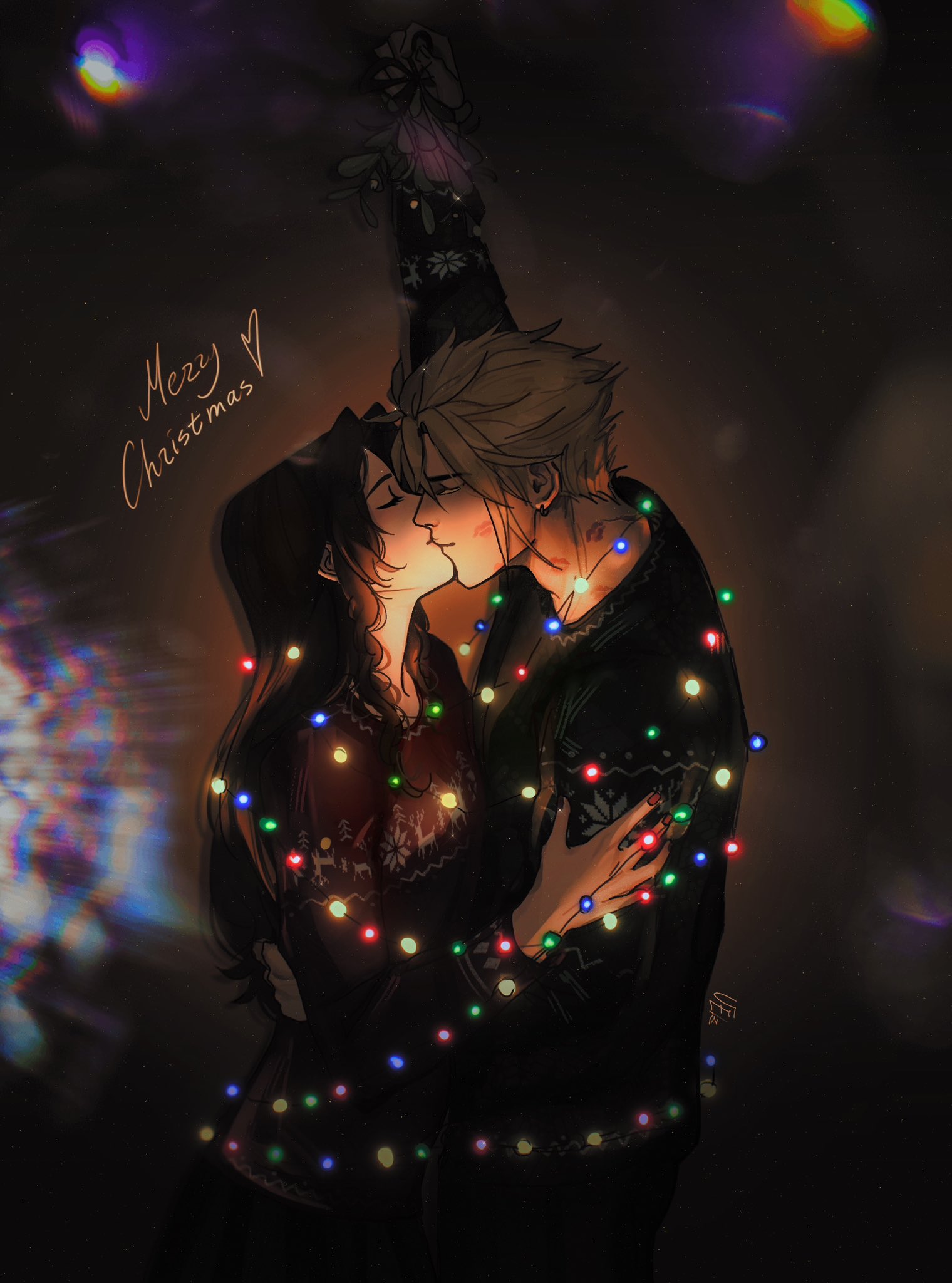 aerith gainsborough, cloud strife, final fantasy, final fantasy vii, commentary, english commentary, highres, 1boy, 1girl, arm around waist, black sweater, blonde hair, christmas, christmas lights, christmas sweater, closed eyes, couple, earrings, hair between eyes, hand on another's arm, hetero, holding, holding mistletoe, jewelry, kiss, lipstick mark, lipstick mark on cheek, lipstick mark on neck, long hair, merry christmas, mistletoe, parted bangs, red sweater, sageixx, short hair, sidelocks, single earring, spiked hair, sweater, upper body