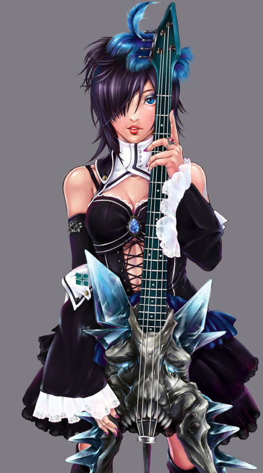 pandaz, capcom, monster hunter (series), 1girl, bass guitar, blue eyes, detached sleeves, dress, female focus, hair ornament, hair over one eye, hunting horn, instrument, jewelry, nail polish, pink nails, purple hair, ring, simple background, solo