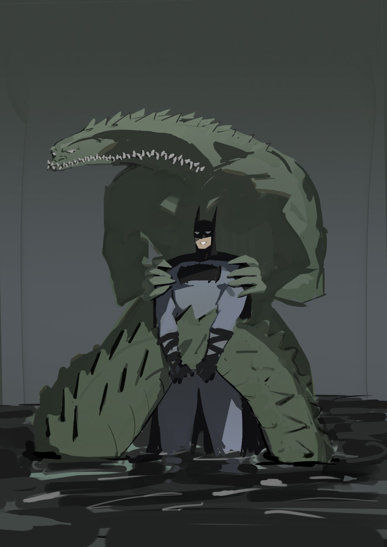 batman, killer croc, absolute batman, absolute dc, batman (series), dc comics, commentary, english commentary, highres, 2boys, bat mask, belt, bodysuit, cowl, crocodile, crocodile boy, crocodilian, crocodilian tail, crooked teeth, dentures, extra teeth, grey bodysuit, lizardman, multicolored bodysuit, multiple boys, reptile boy, superhero costume, tail, tjfclfb, two-tone bodysuit, utility belt