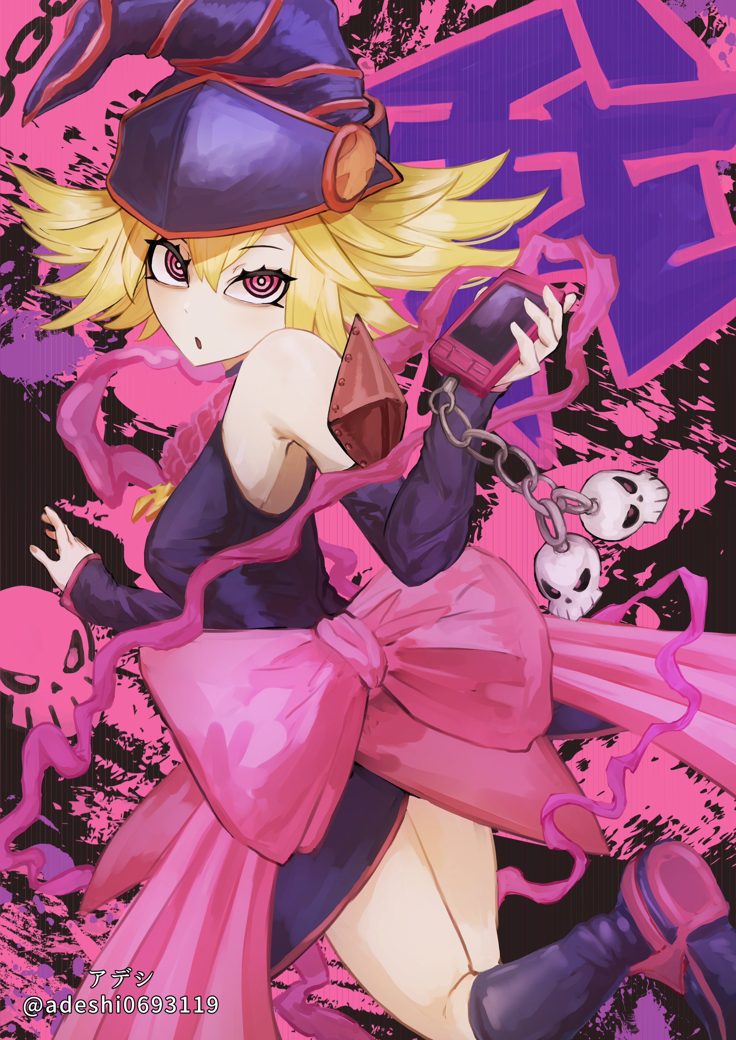 adeshi (adeshi0693119), gagaga girl, yu-gi-oh!, absurdres, commentary request, highres, 1girl, black background, black dress, blonde hair, breasts, dress, duel monster, medium hair, pink eyes, ringed eyes, small breasts, solo, spiked hair, strapless, strapless dress