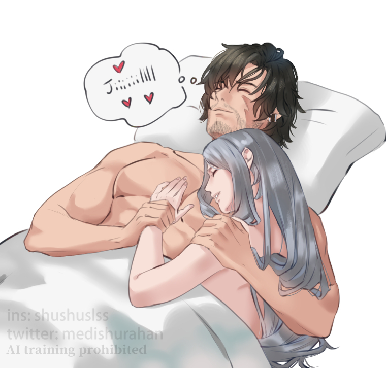 clive rosfield, jill warrick, final fantasy, final fantasy xvi, commentary, english commentary, 1boy, 1girl, arm around shoulder, beard stubble, black hair, character name, closed eyes, couple, earrings, facial hair, facial scar, grey hair, hair between eyes, hand on another's chest, hetero, holding another's wrist, jewelry, light smile, medishurahan, parted bangs, parted lips, pillow, scar, scar on cheek, scar on face, short hair, stubble, topless female, topless male, twitter username, under covers, white background